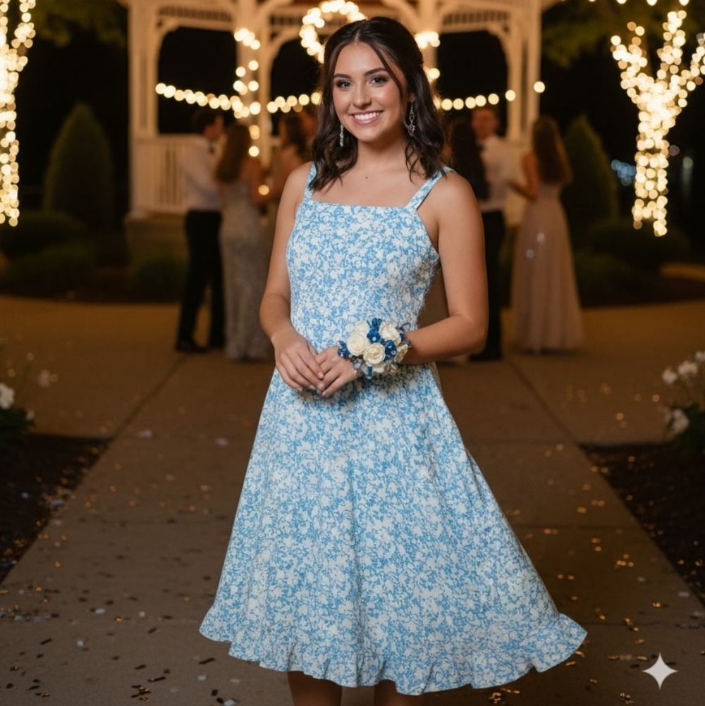 Floral Midi Dress - Blue and White